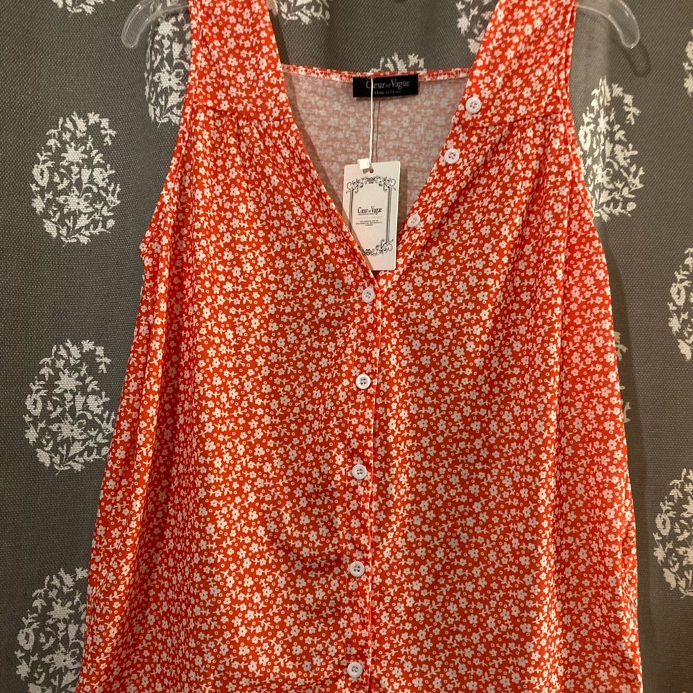 Orange floral button front tank
